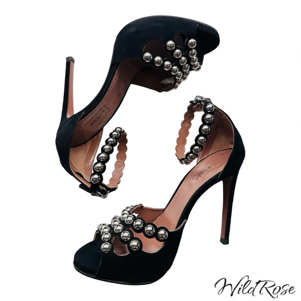 Alaia Black Suede Studded Ankle Strap Sandals Heels Size 36 - Picture 12 of 16